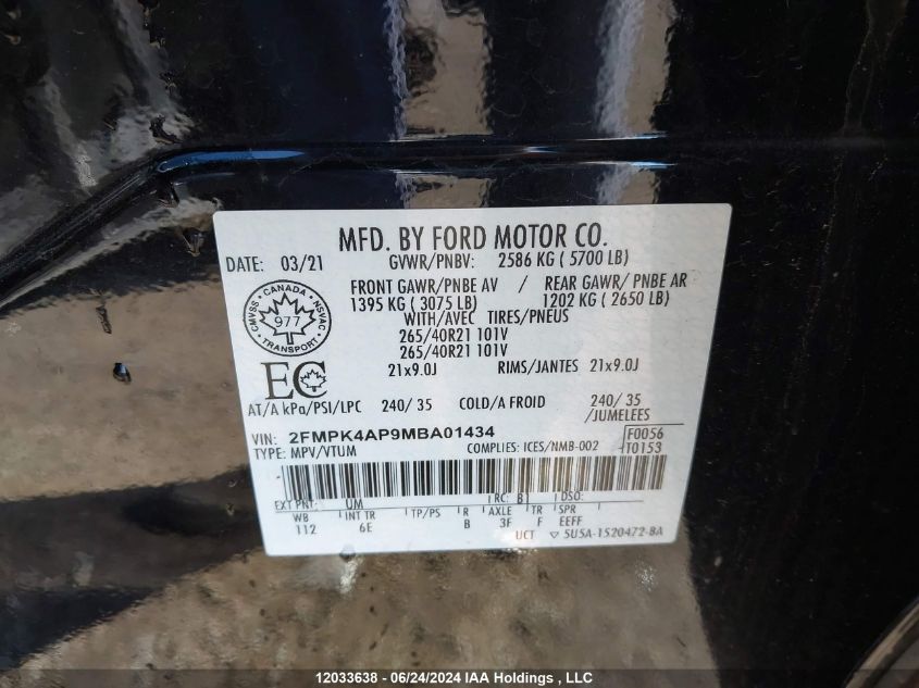 2021 Ford Edge St VIN: 2FMPK4AP9MBA01434 Lot: 12033638