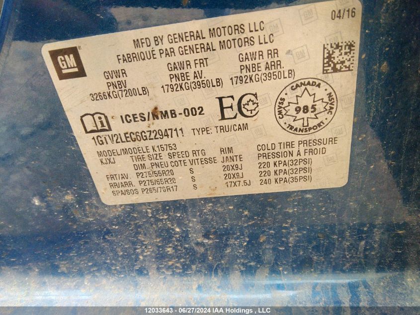 2016 GMC Sierra 1500 VIN: 1GTV2LEC6GZ294711 Lot: 12033643