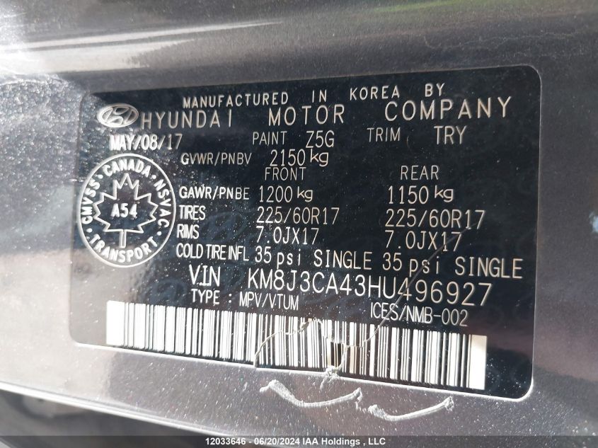 2017 Hyundai Tucson Se VIN: KM8J3CA43HU496927 Lot: 12033646