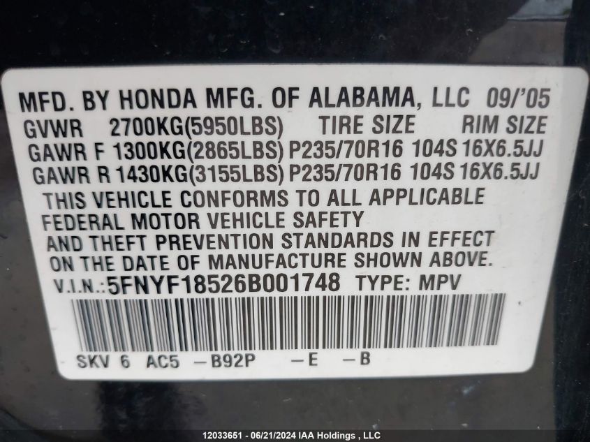 2006 Honda Pilot Ex VIN: 5FNYF18526B001748 Lot: 12033651