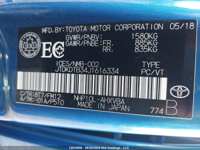 2018 Toyota Prius C Technology VIN: JTDKDTB34J1616334 Lot: 12033656