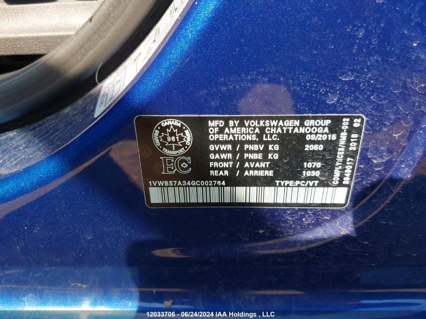 2016 Volkswagen Passat Se VIN: 1VWBS7A34GC002764 Lot: 12033705