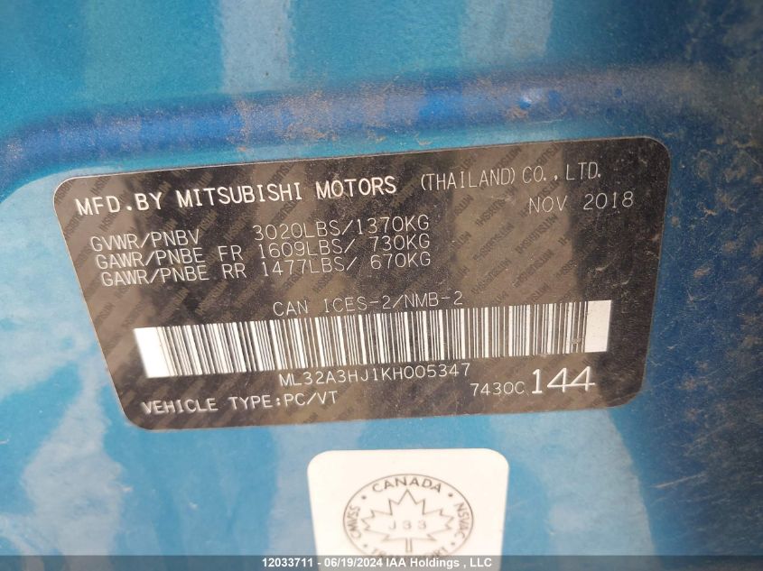 2019 Mitsubishi Mirage VIN: ML32A3HJ1KH005347 Lot: 12033711