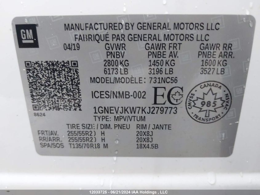 2019 Chevrolet Traverse High Country/Rs VIN: 1GNEVJKW7KJ279773 Lot: 12033725