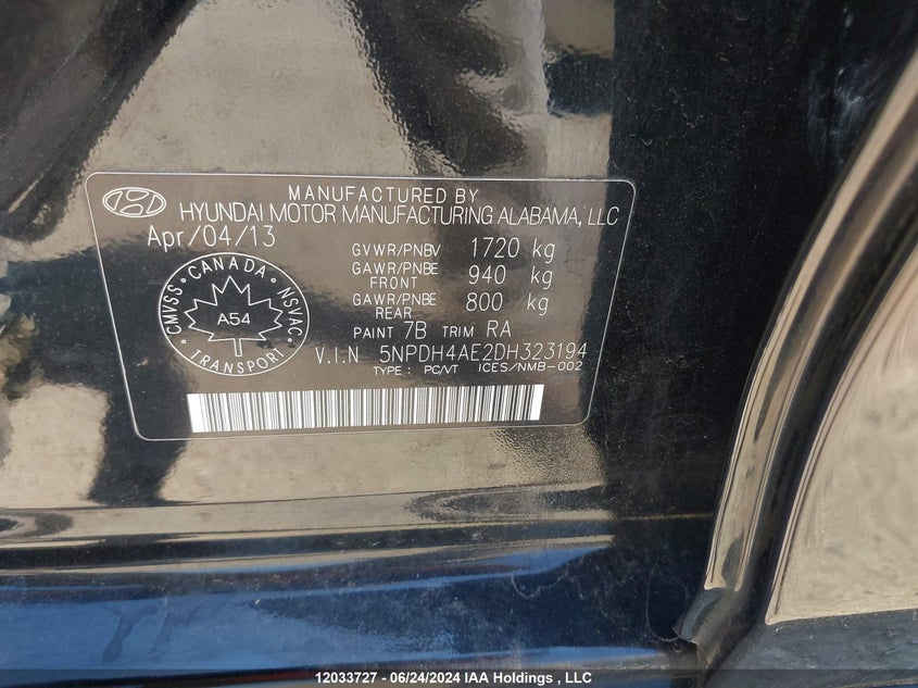 2013 Hyundai Elantra Gls/Limited VIN: 5NPDH4AE2DH323194 Lot: 12033727