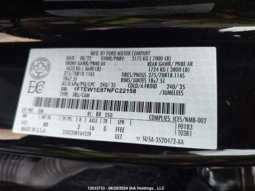 2022 Ford F-150 Tremor VIN: 1FTEW1E87NFC22158 Lot: 12033733