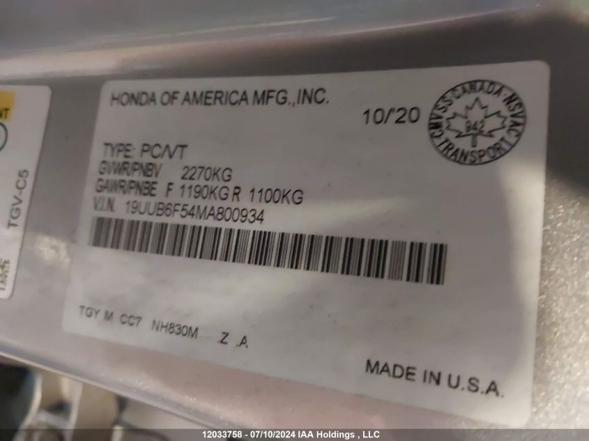 2021 Acura Tlx Tech A VIN: 19UUB6F54MA800934 Lot: 12033758