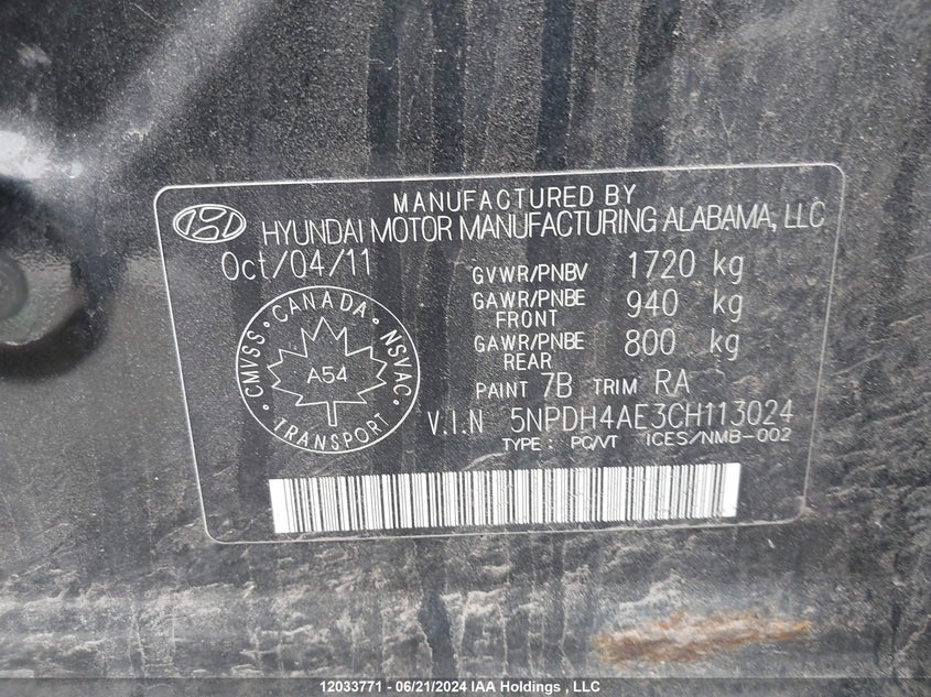 2012 Hyundai Elantra Gls/Limited VIN: 5NPDH4AE3CH113024 Lot: 12033771