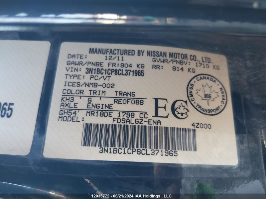 2012 Nissan Versa S/Sl VIN: 3N1BC1CP8CL371965 Lot: 12033772