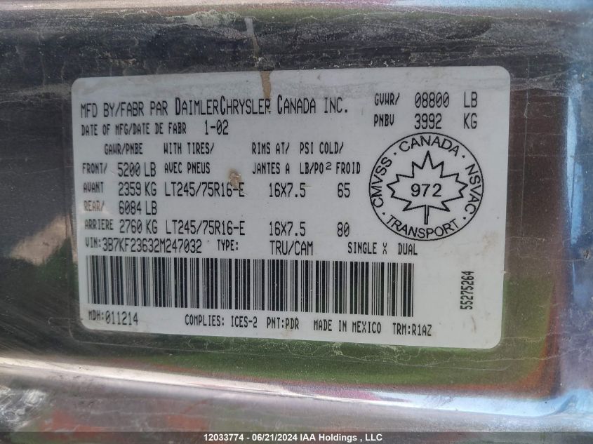 2002 Dodge Ram 2500 VIN: 3B7KF23632M247032 Lot: 12033774