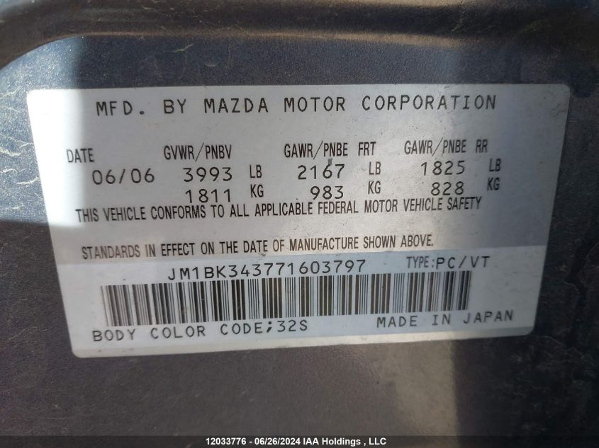 2007 Mazda Mazda3 VIN: JM1BK343771603797 Lot: 12033776