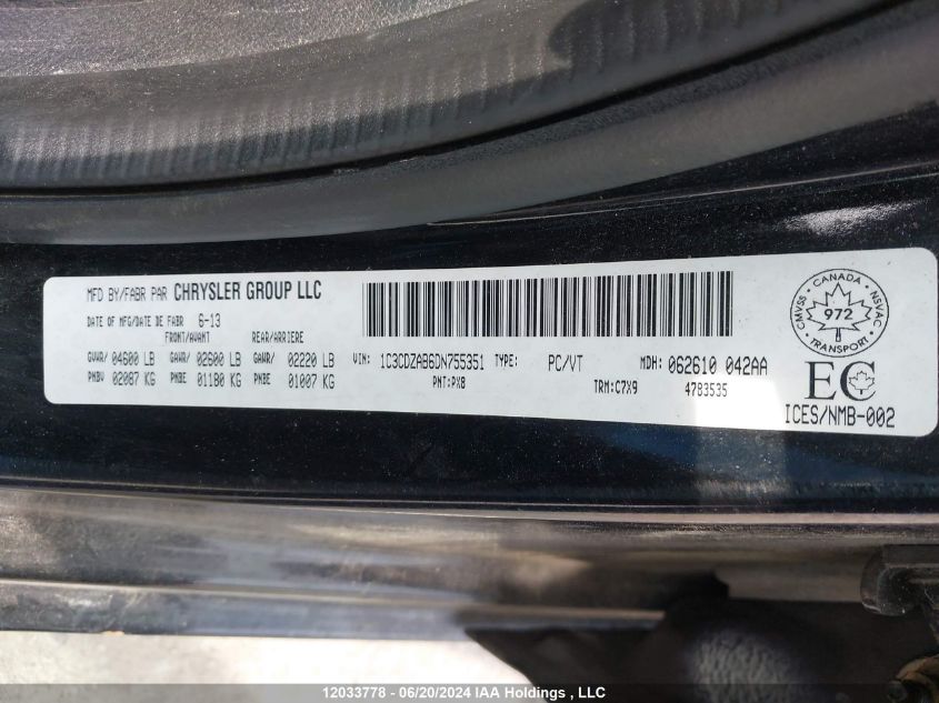 2013 Dodge Avenger Se VIN: 1C3CDZAB6DN755351 Lot: 12033778