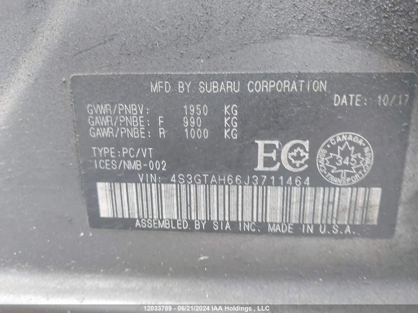 2018 Subaru Impreza VIN: 4S3GTAH66J3711464 Lot: 12033789