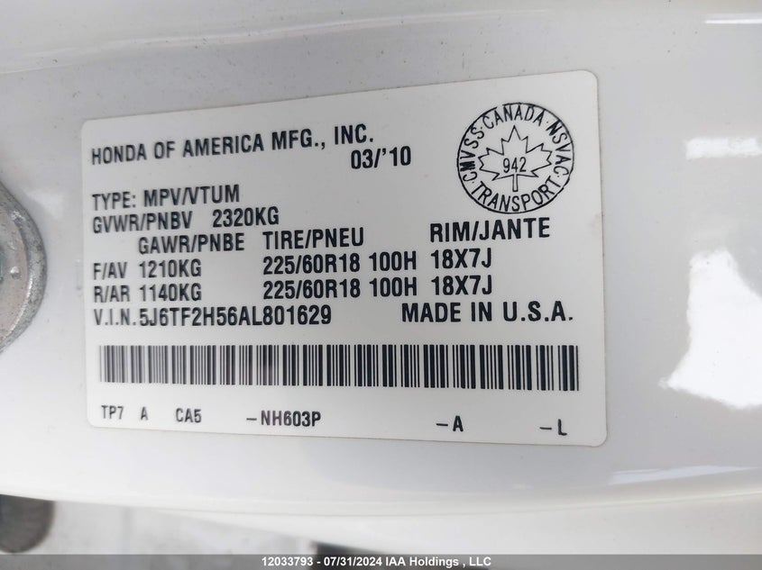2010 Honda Accord Crosstour VIN: 5J6TF2H56AL801629 Lot: 12033793