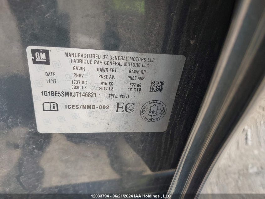 2018 Chevrolet Cruze Lt VIN: 1G1BE5SMXJ7146821 Lot: 12033794