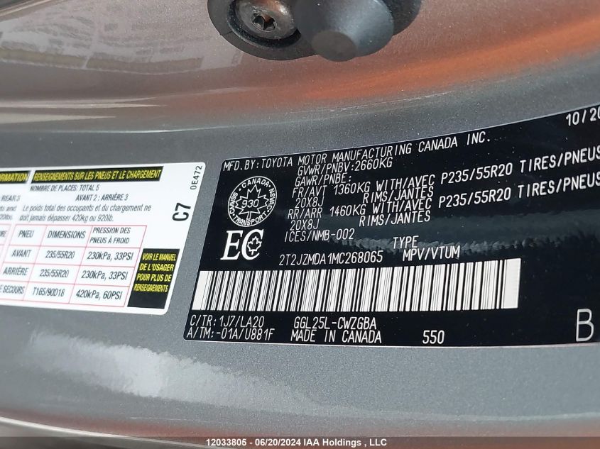 2021 Lexus Rx 350 VIN: 2T2JZMDA1MC268065 Lot: 12033805