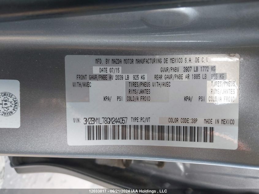 2016 Mazda 3 Touring VIN: 3MZBM1L78GM244057 Lot: 12033817