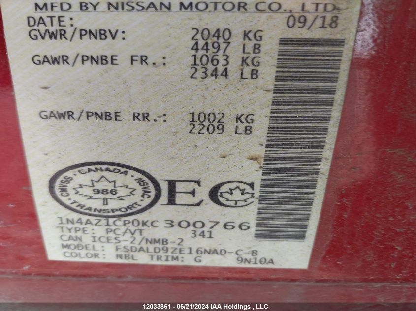 2019 Nissan Leaf VIN: 1N4AZ1CP0KC300766 Lot: 12033861