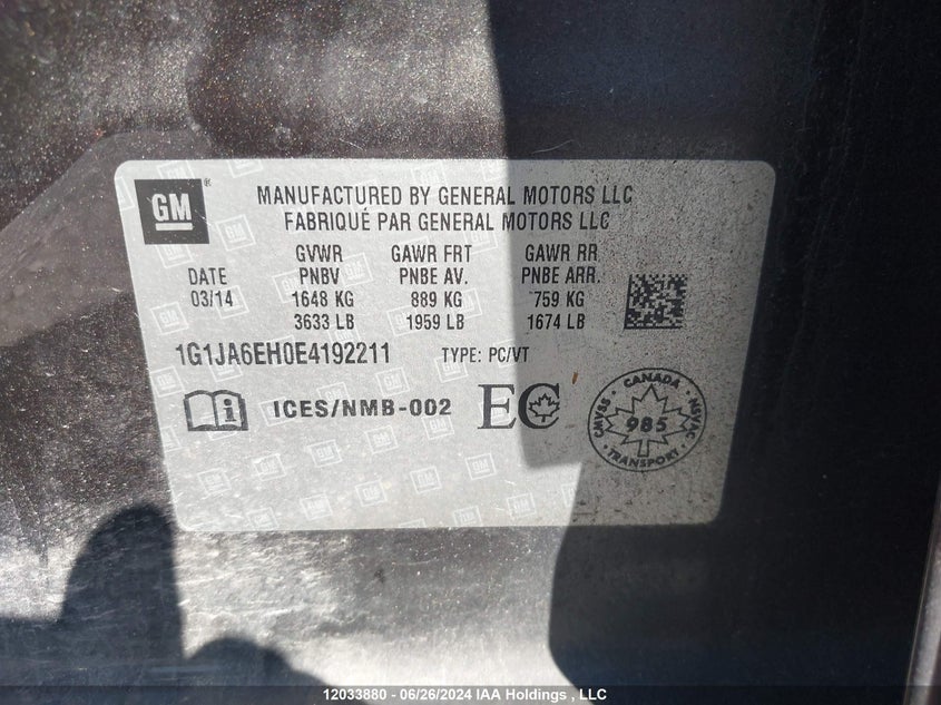 2014 Chevrolet Sonic Ls VIN: 1G1JA6EH0E4192211 Lot: 12033880