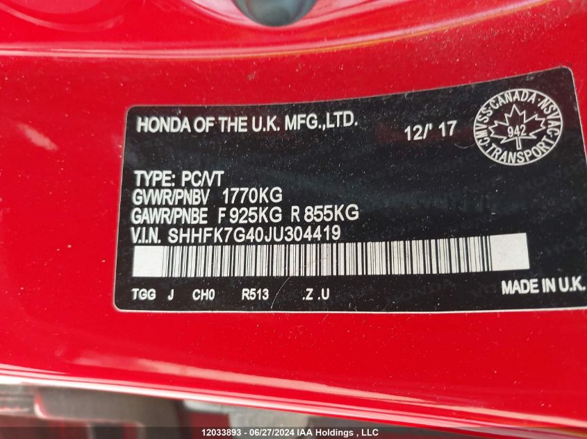 2018 Honda Civic Hatchback VIN: SHHFK7G40JU304419 Lot: 12033893