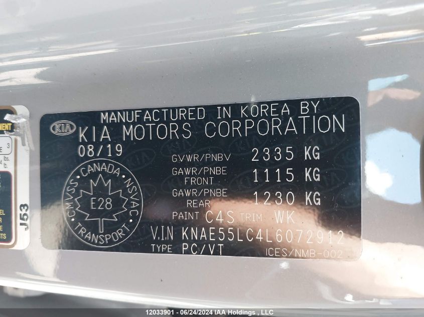 2020 Kia Stinger VIN: KNAE55LC4L6072912 Lot: 12033901