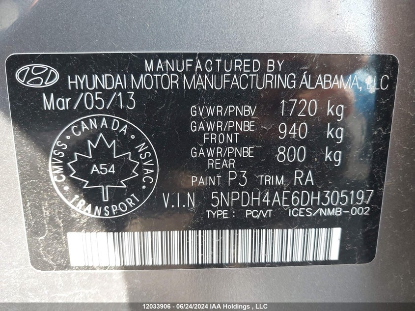 2013 Hyundai Elantra Gls VIN: 5NPDH4AE6DH305197 Lot: 12033906