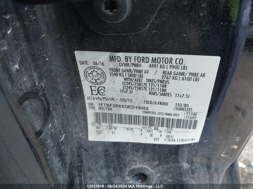 2016 Ford F-250 Xl VIN: 1FTBF2B6XGED19052 Lot: 12033916