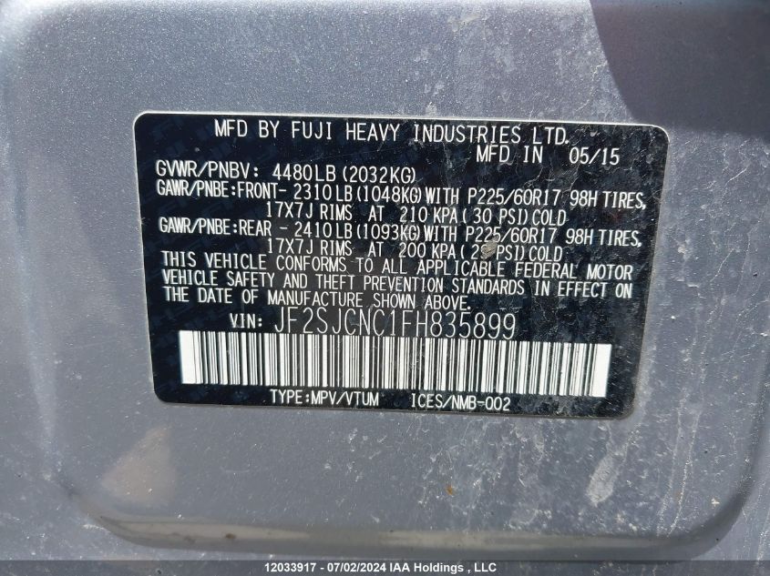 2015 Subaru Forester VIN: JF2SJCNC1FH835899 Lot: 12033917