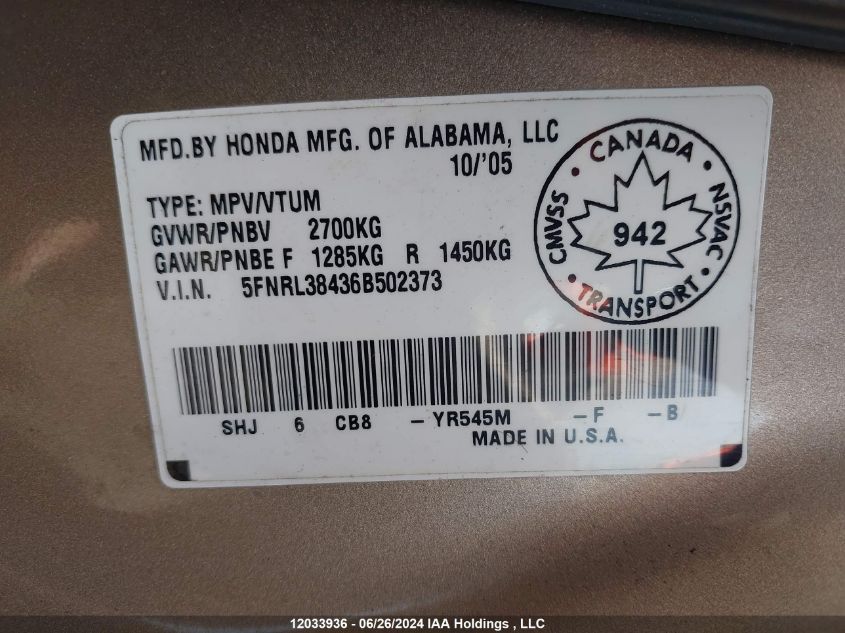 2006 Honda Odyssey VIN: 5FNRL38436B502373 Lot: 12033936