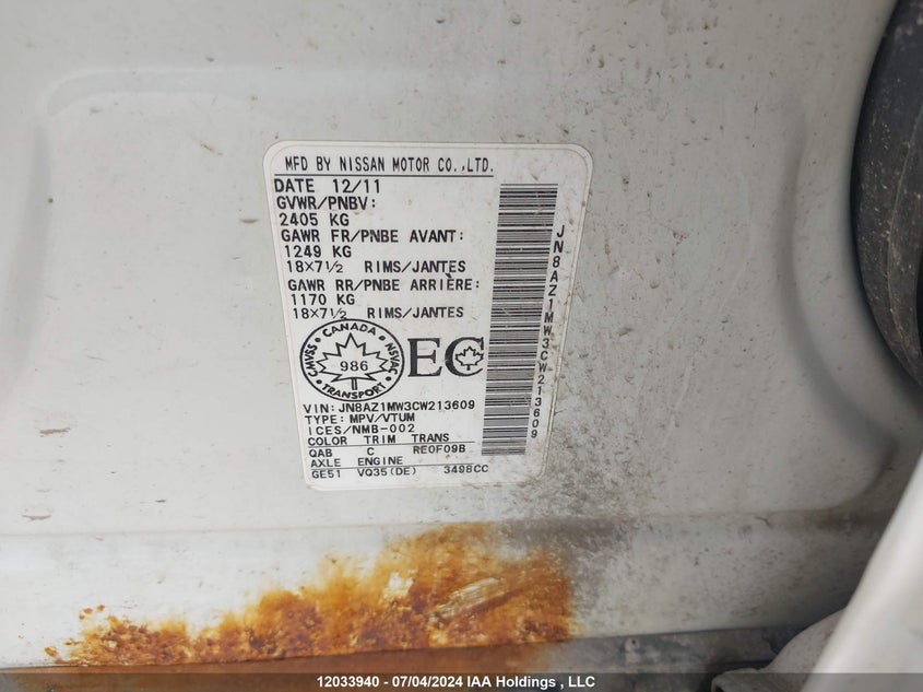 2012 Nissan Murano VIN: JN8AZ1MW3CW213609 Lot: 12033940