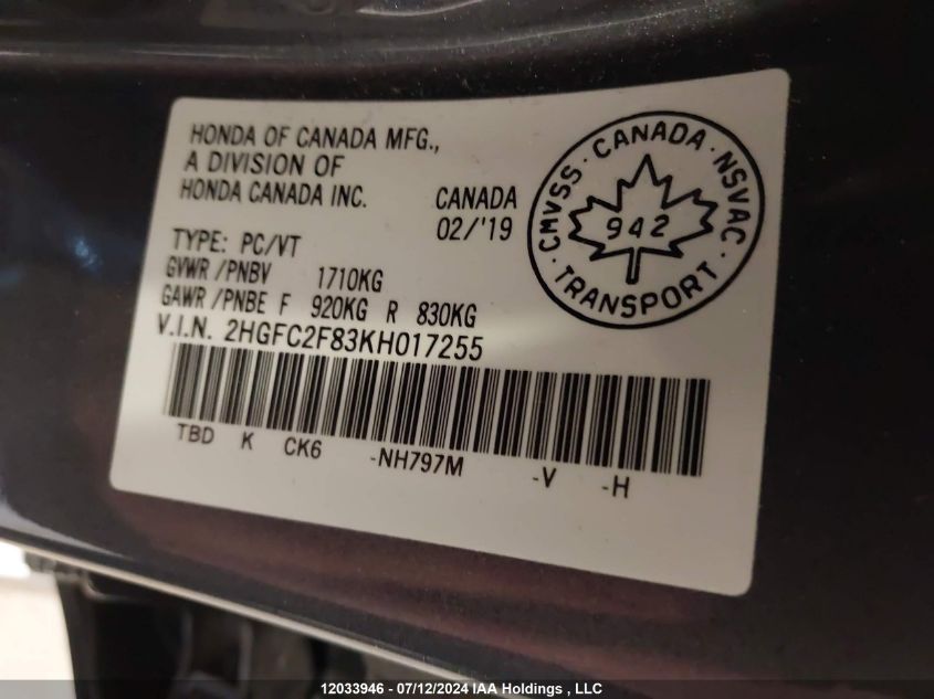 2019 Honda Civic Sport VIN: 2HGFC2F83KH017255 Lot: 12033946