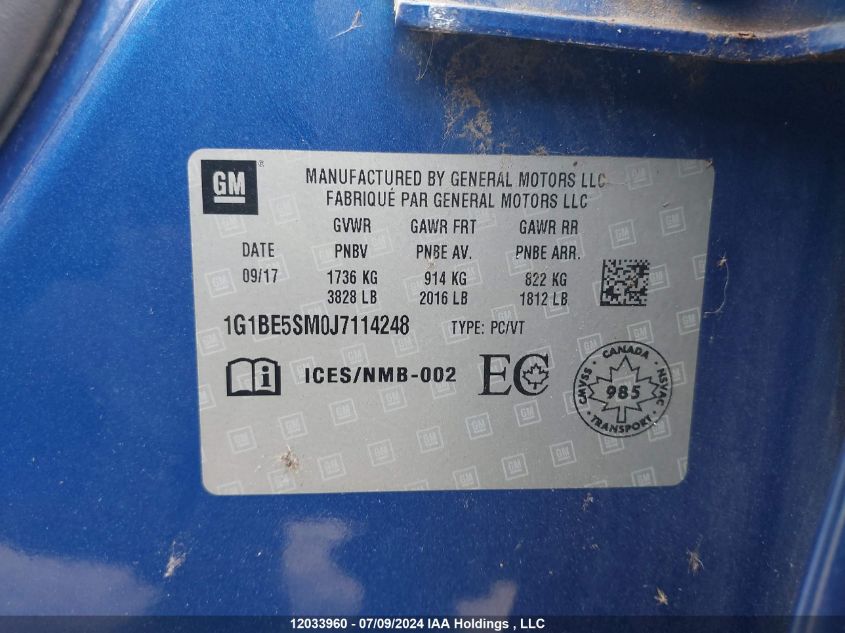 2018 Chevrolet Cruze Lt VIN: 1G1BE5SM0J7114248 Lot: 12033960