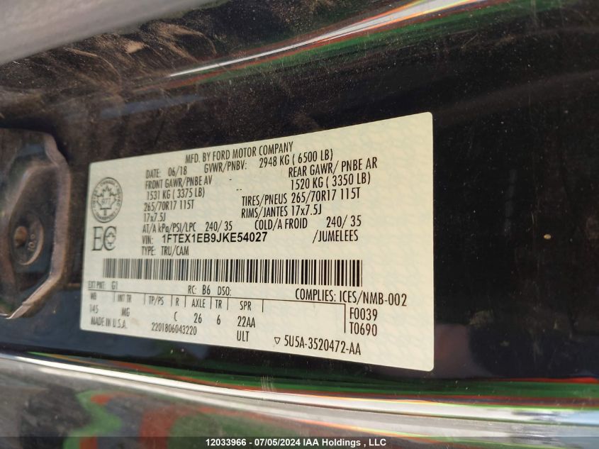 2018 Ford F-150 Xlt VIN: 1FTEX1EB9JKE54027 Lot: 12033966