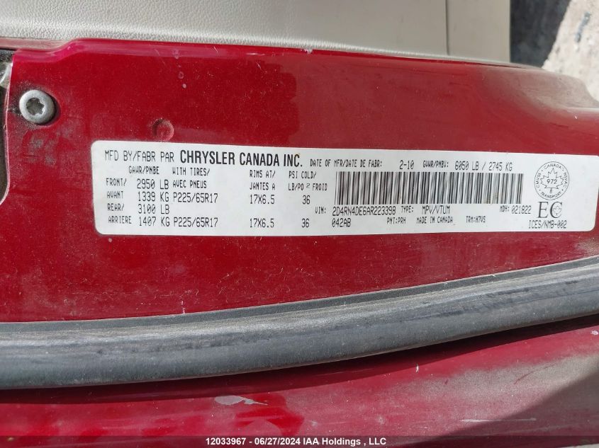 2010 Dodge Grand Caravan Se VIN: 2D4RN4DE6AR223398 Lot: 12033967