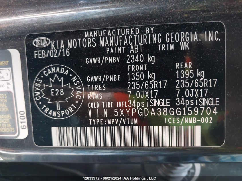 2016 Kia Sorento VIN: 5XYPGDA38GG159704 Lot: 12033972