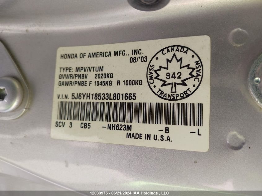 2003 Honda Element VIN: 5J6YH18533L801665 Lot: 12033975