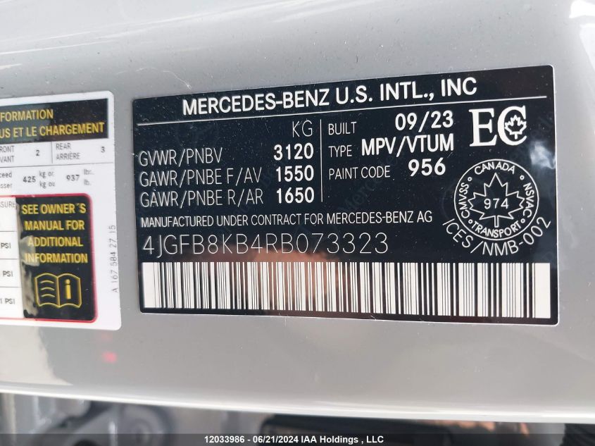 2024 Mercedes-Benz Gle VIN: 4JGFB8KB4RB073323 Lot: 12033986