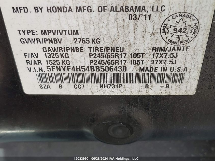 2011 Honda Pilot VIN: 5FNYF4H54BB506430 Lot: 12033990