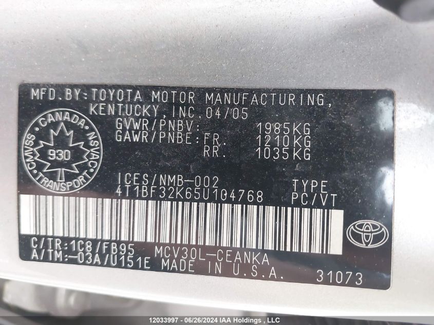 2005 Toyota Camry VIN: 4T1BF32K65U104768 Lot: 12033997