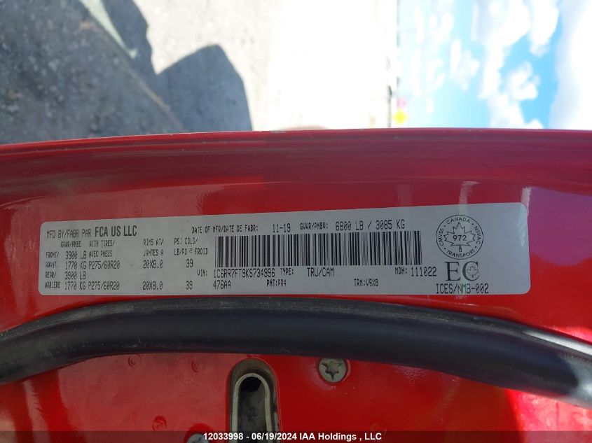 2019 Ram 1500 Classic Tradesman VIN: 1C6RR7FT9KS734996 Lot: 12033998