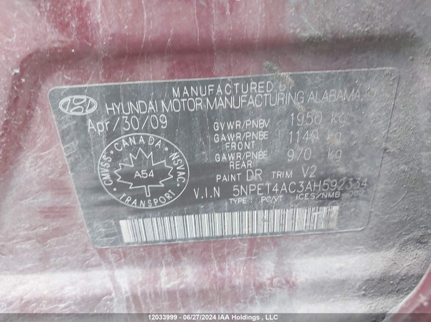 2010 Hyundai Sonata Gls VIN: 5NPET4AC3AH592334 Lot: 12033999