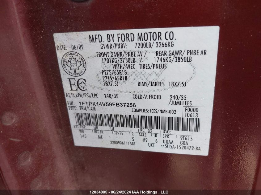 2009 Ford F-150 VIN: 1FTPX14V59FB37256 Lot: 12034005