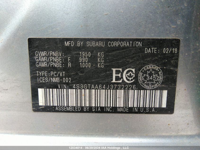 2018 Subaru Impreza VIN: 4S3GTAA64J3732226 Lot: 12034014