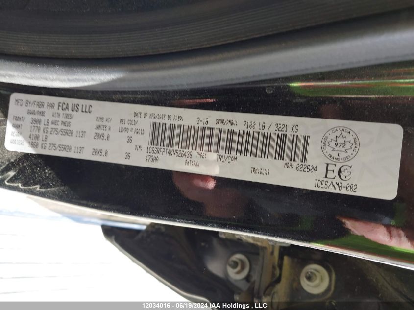 2019 Ram 1500 Limited VIN: 1C6SRFPT4KN526436 Lot: 12034016