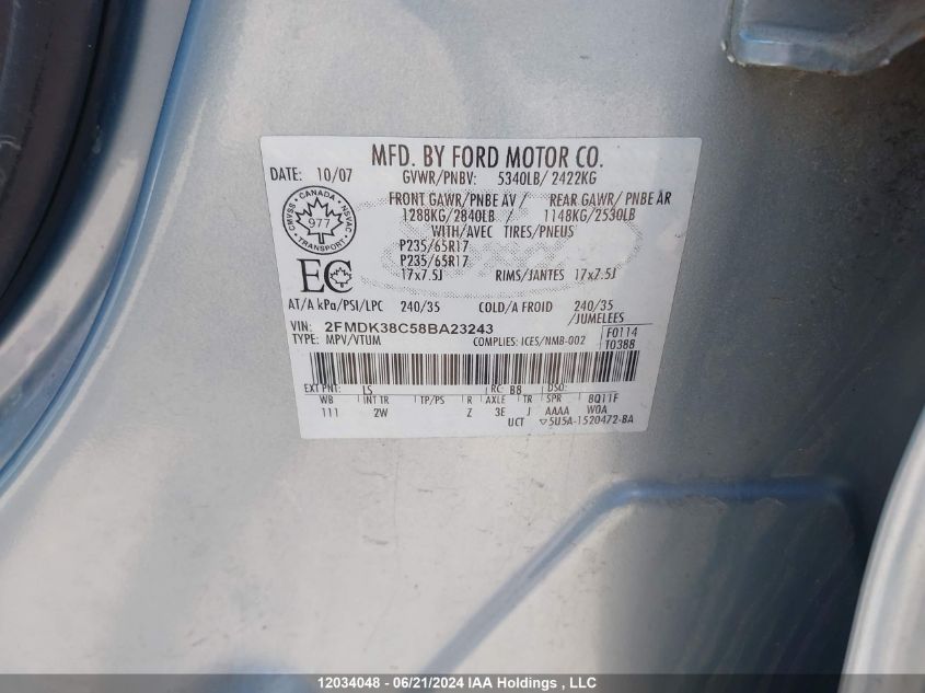 2008 Ford Edge VIN: 2FMDK38C58BA23243 Lot: 12034048