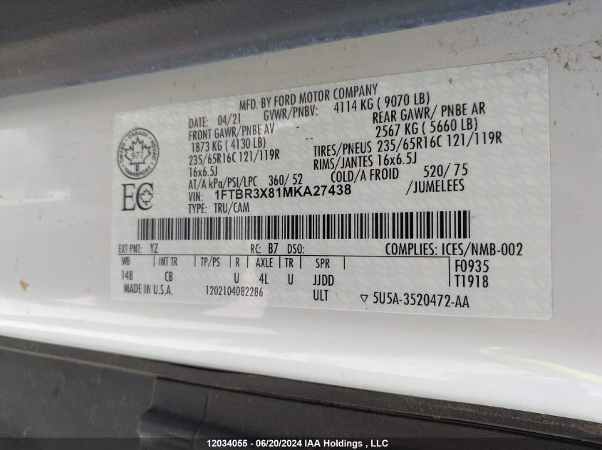 2021 Ford Transit T-250 VIN: 1FTBR3X81MKA27438 Lot: 12034055