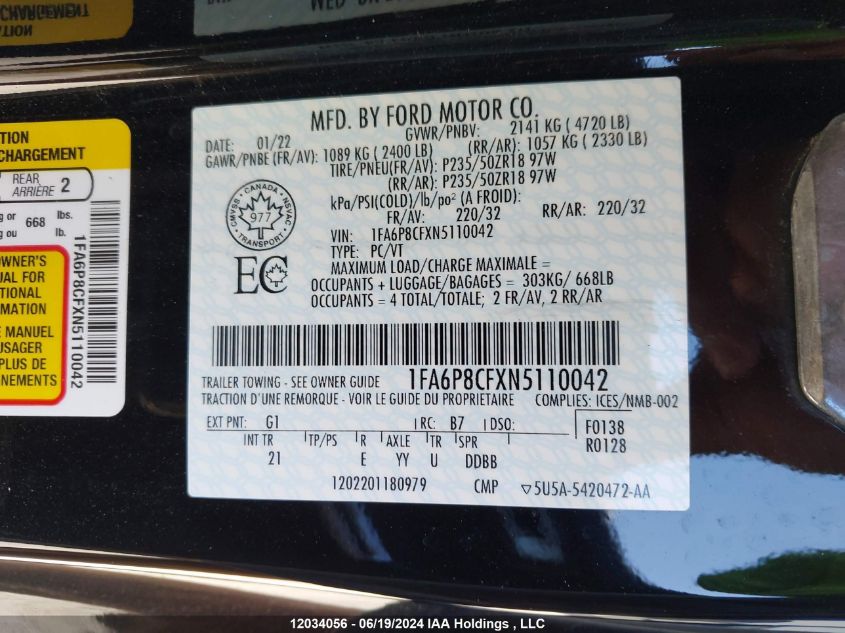 2022 Ford Mustang Gt VIN: 1FA6P8CFXN5110042 Lot: 12034056
