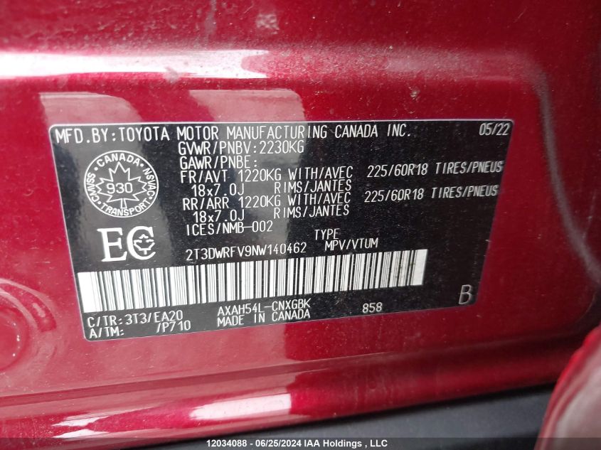 2022 Toyota Rav4 VIN: 2T3DWRFV9NW140462 Lot: 12034088