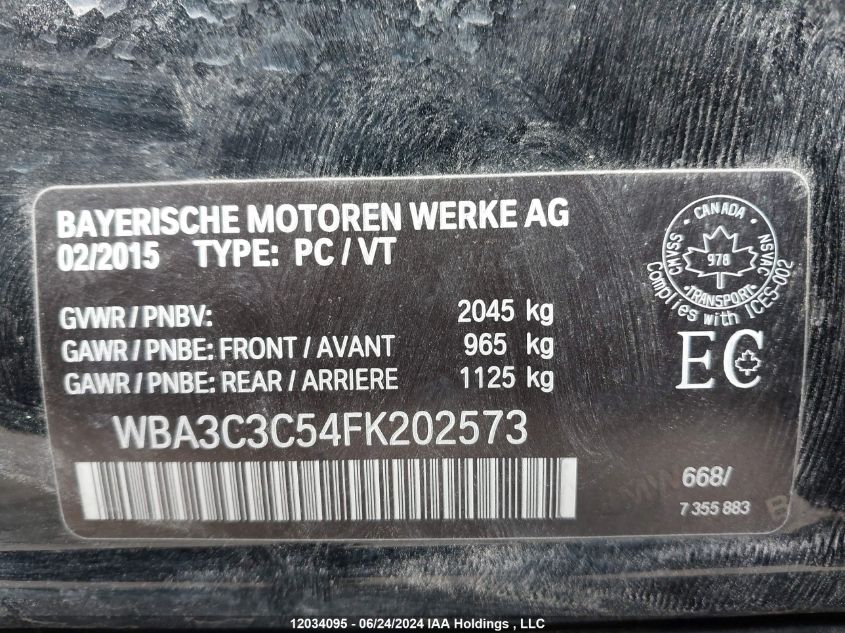 2015 BMW 3 Series VIN: WBA3C3C54FK202573 Lot: 12034095
