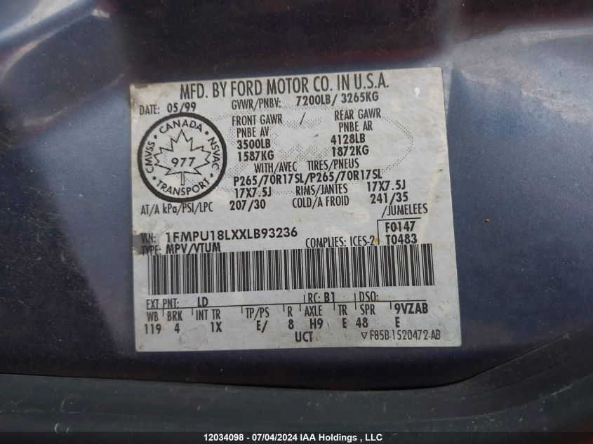 1999 Ford Expedition VIN: 1FMPU18LXXLB93236 Lot: 12034098